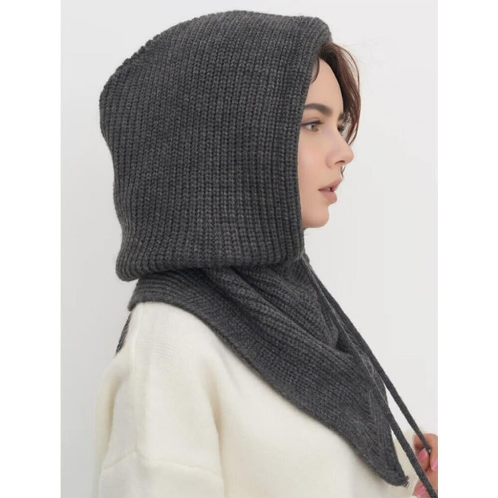 Women Light Gray Hooded Scarf Winter Beanie Hats Beanies Knitted Crochet Hat - Picture 3 of 7